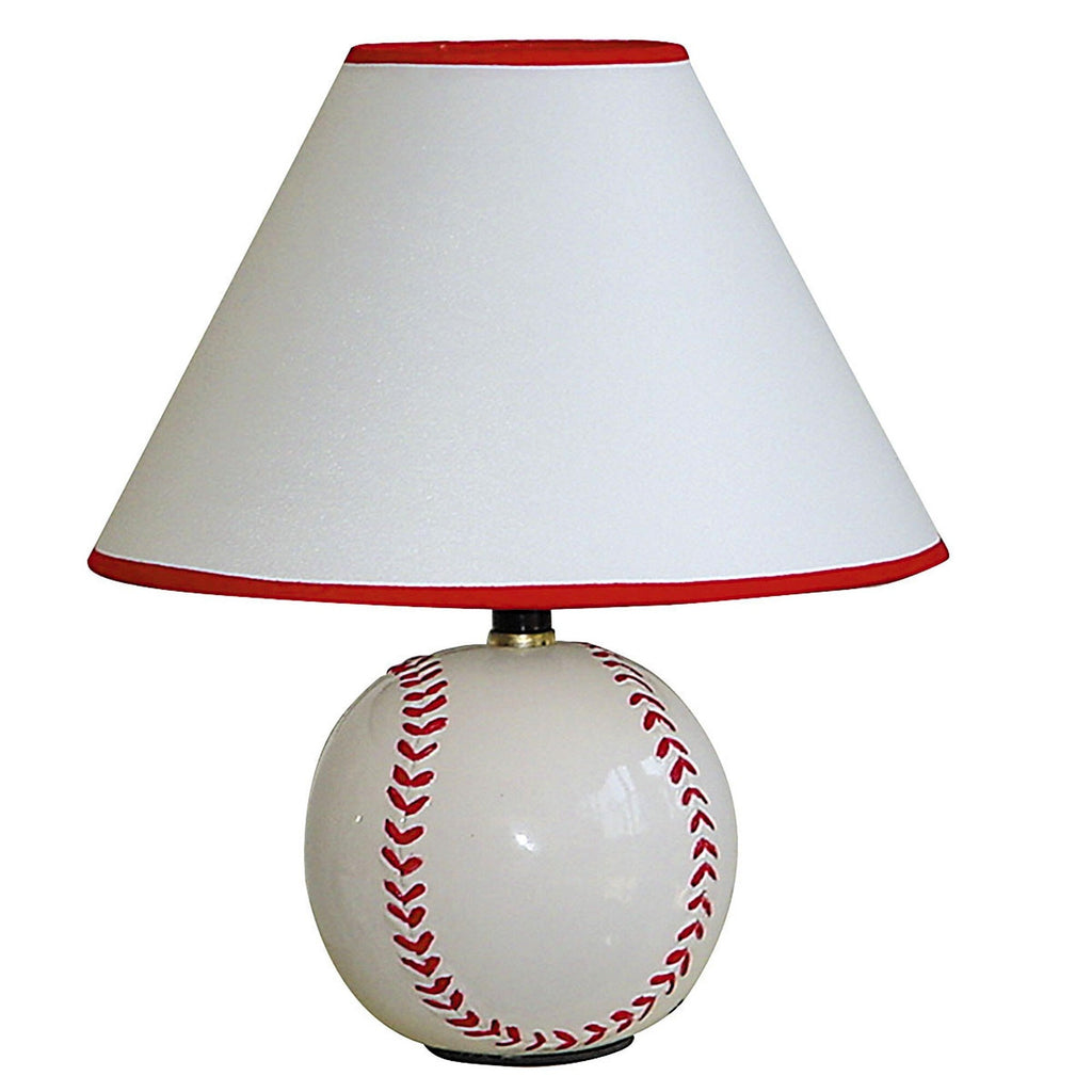 12" White and Red Ceramic Baseball Sports Table Lamp With White and Red Empire Shade - LAWendy
