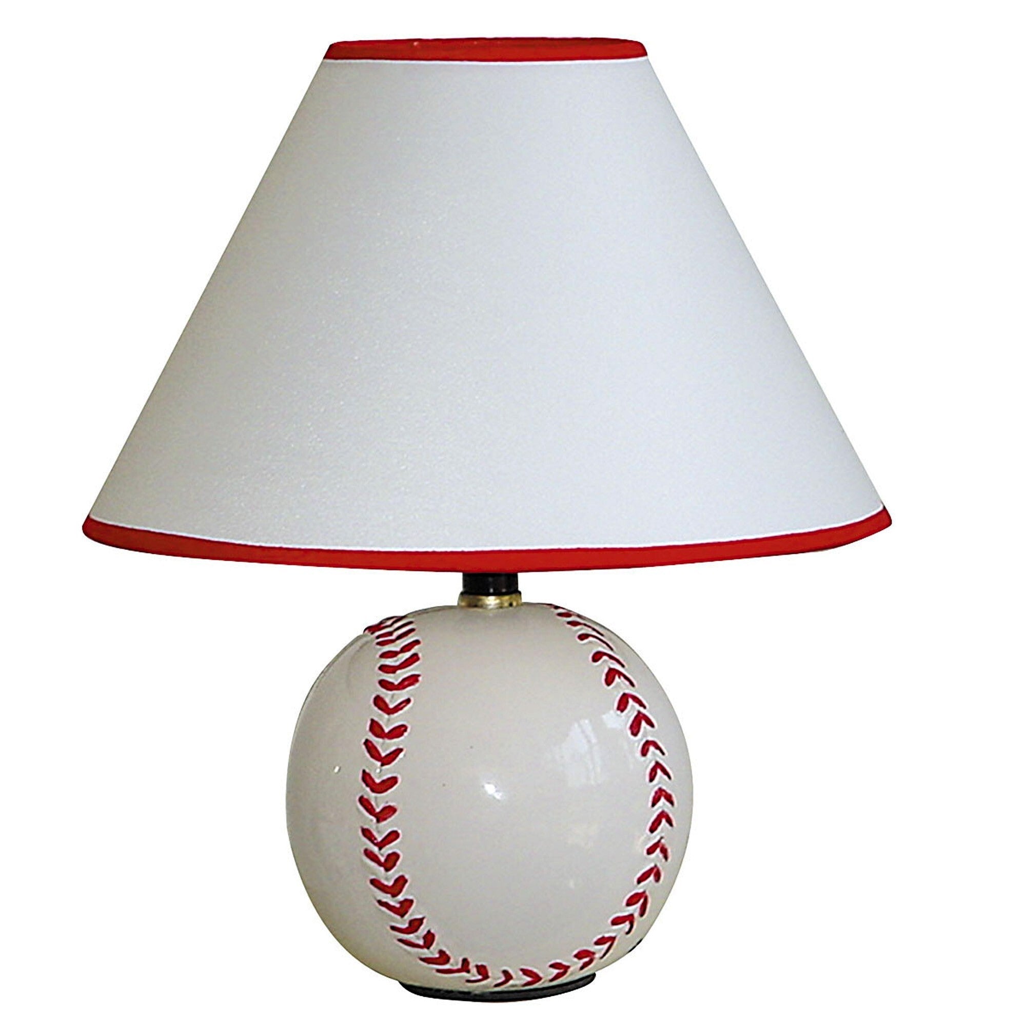 12" White and Red Ceramic Baseball Sports Table Lamp With White and Red Empire Shade - LAWendy