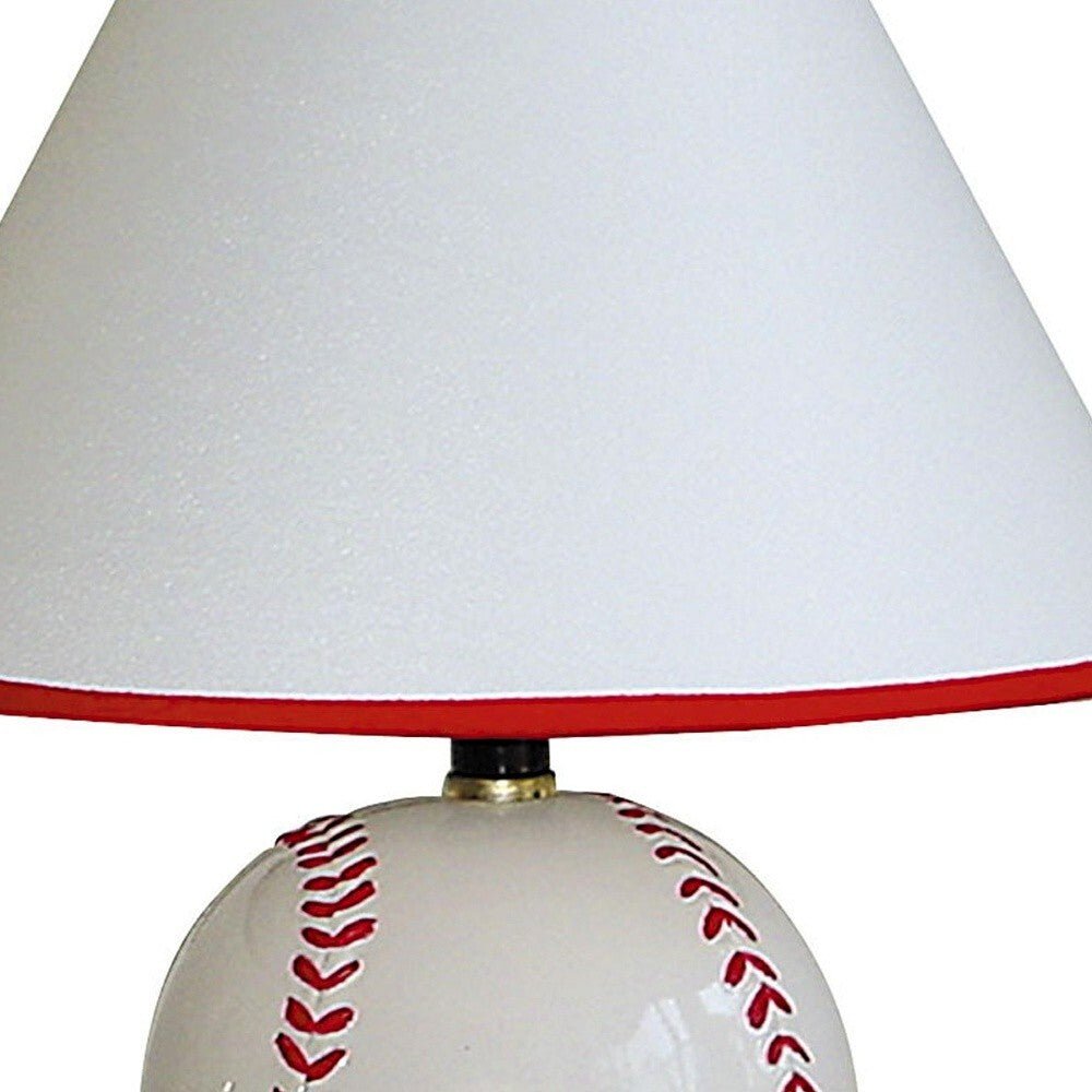 12" White and Red Ceramic Baseball Sports Table Lamp With White and Red Empire Shade - LAWendy