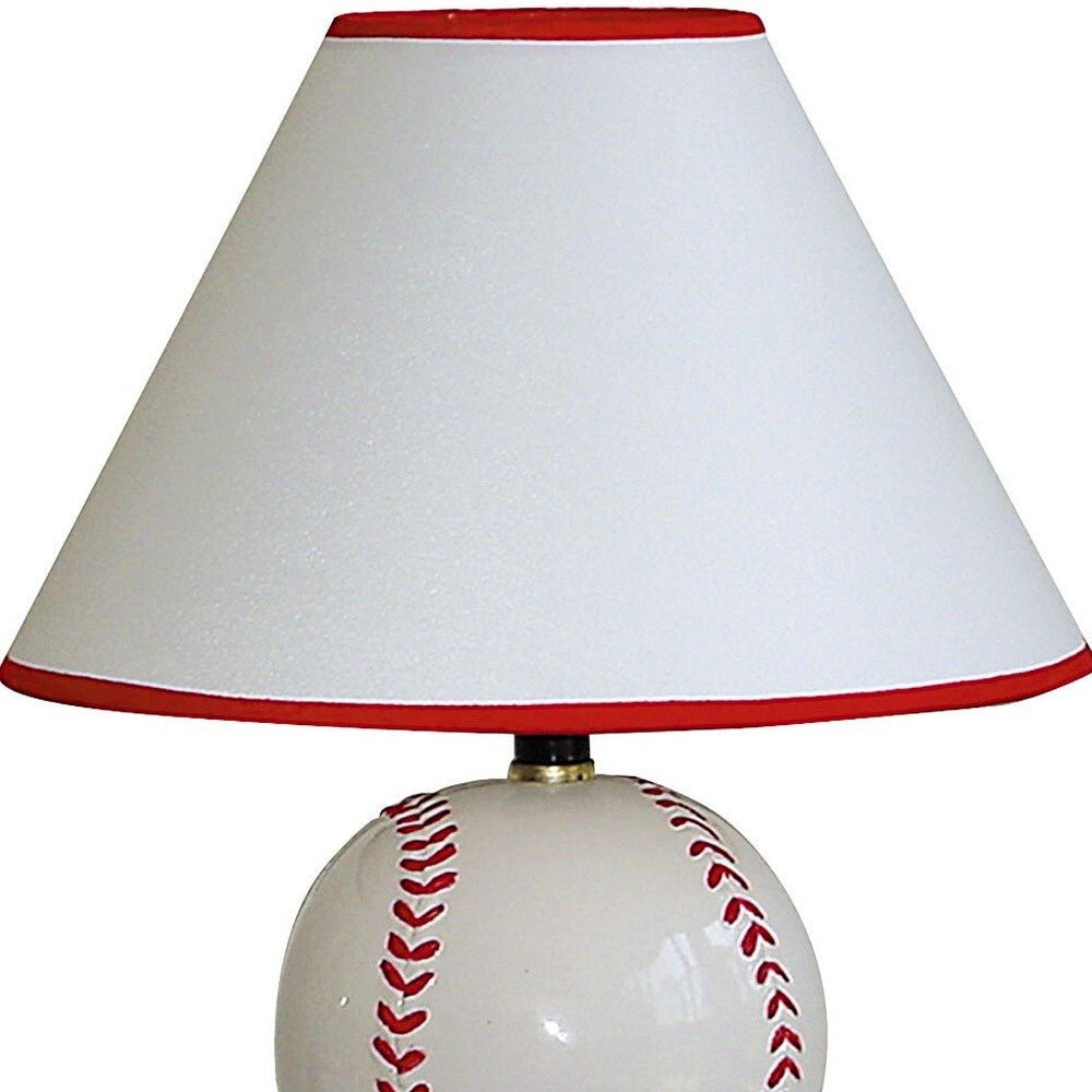 12" White and Red Ceramic Baseball Sports Table Lamp With White and Red Empire Shade - LAWendy