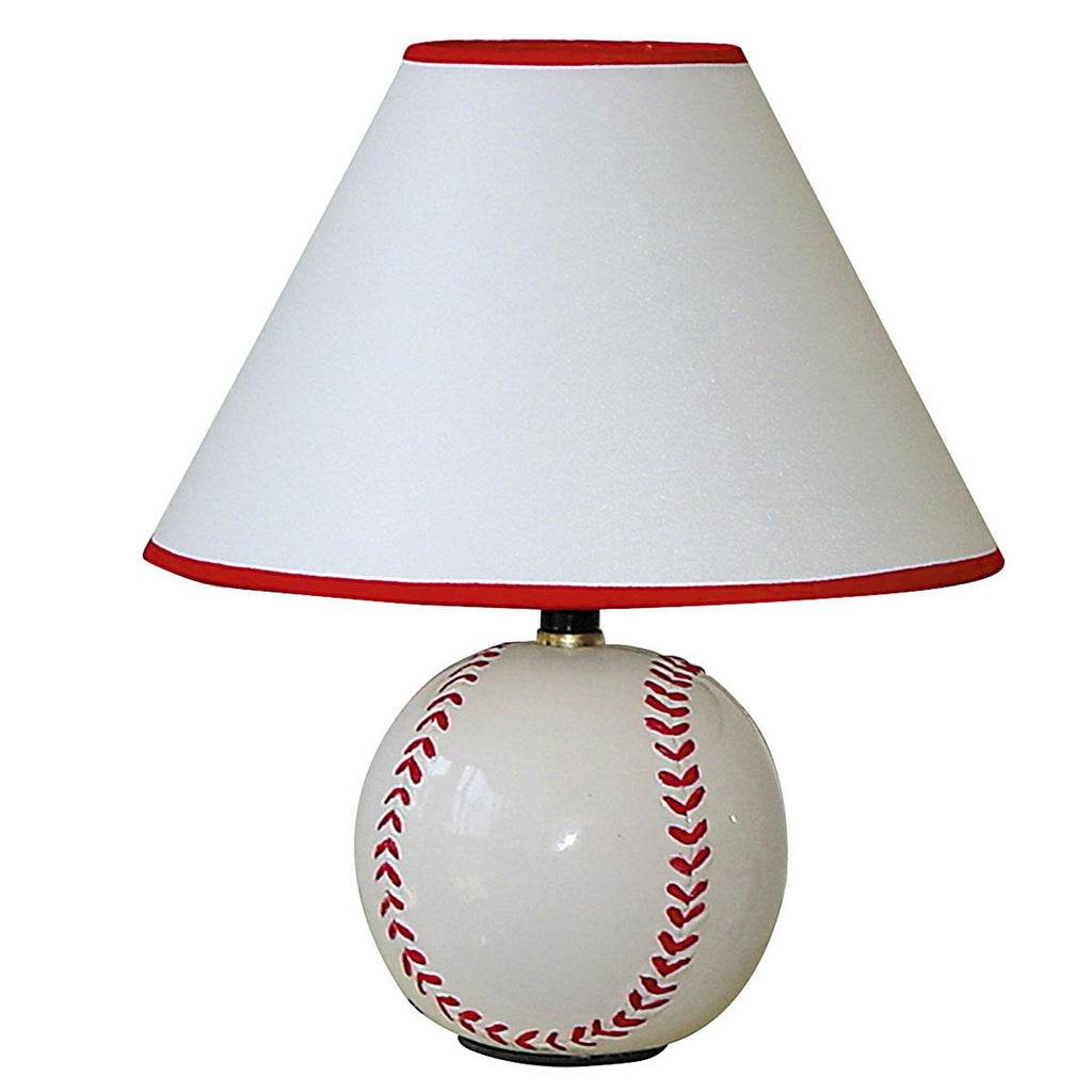 12" White and Red Ceramic Baseball Sports Table Lamp With White and Red Empire Shade - LAWendy