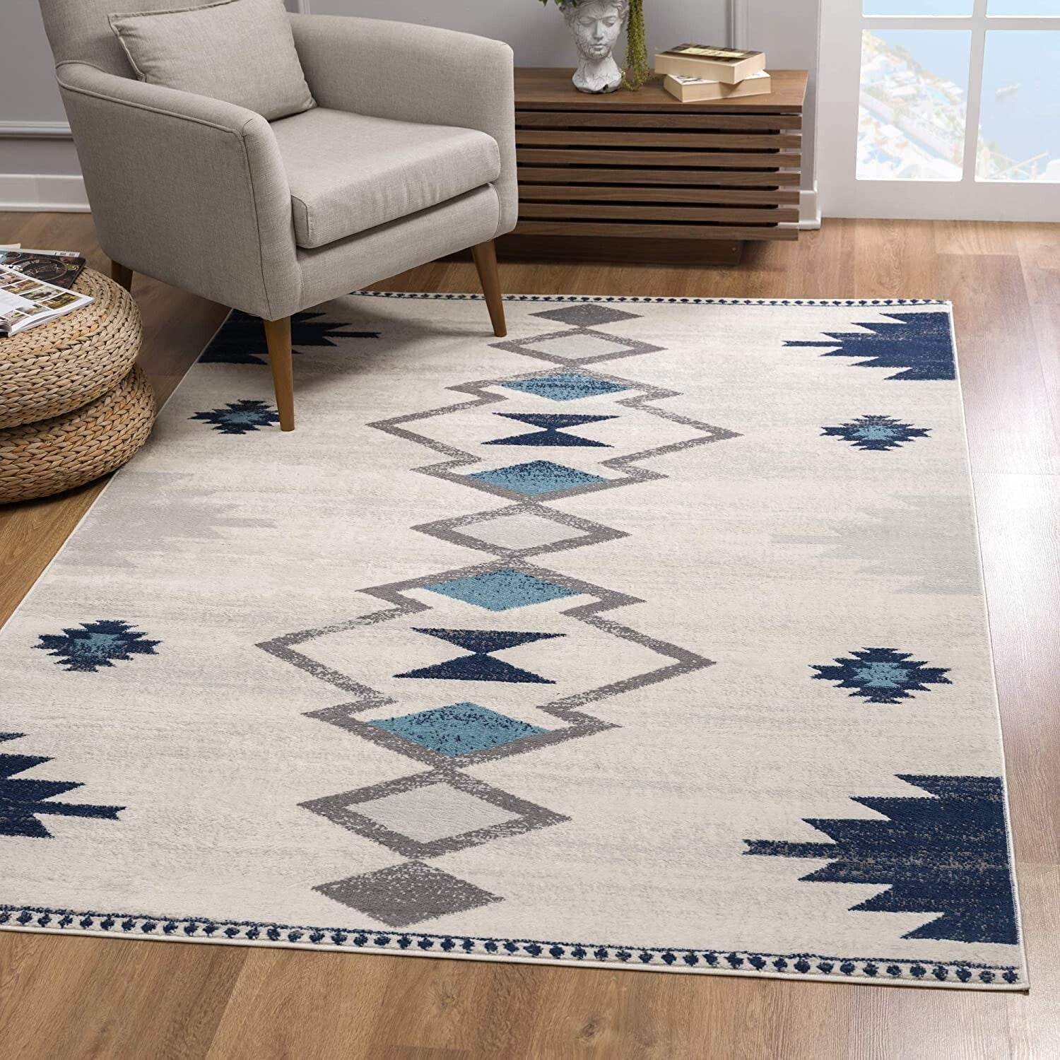 2' X 5' Blue and Ivory Southwestern Area Rug - LAWendy