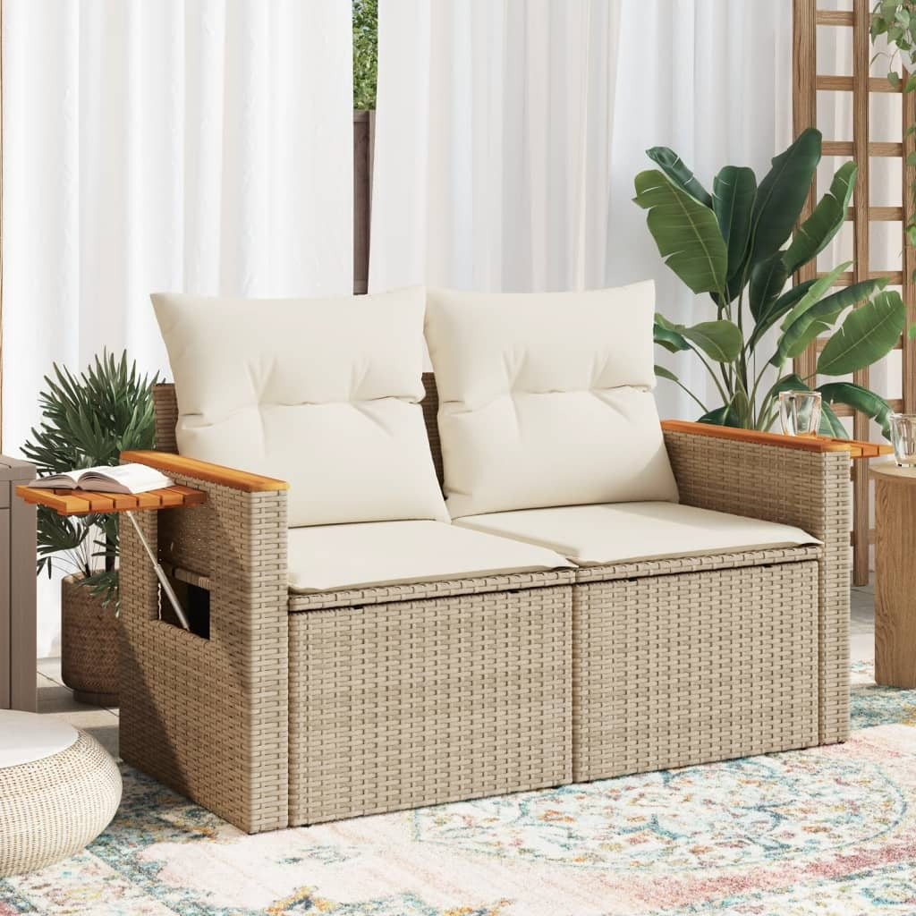 Garden Sofa Beige PE rattan 2-Seater Foldable Outdoor Sofa