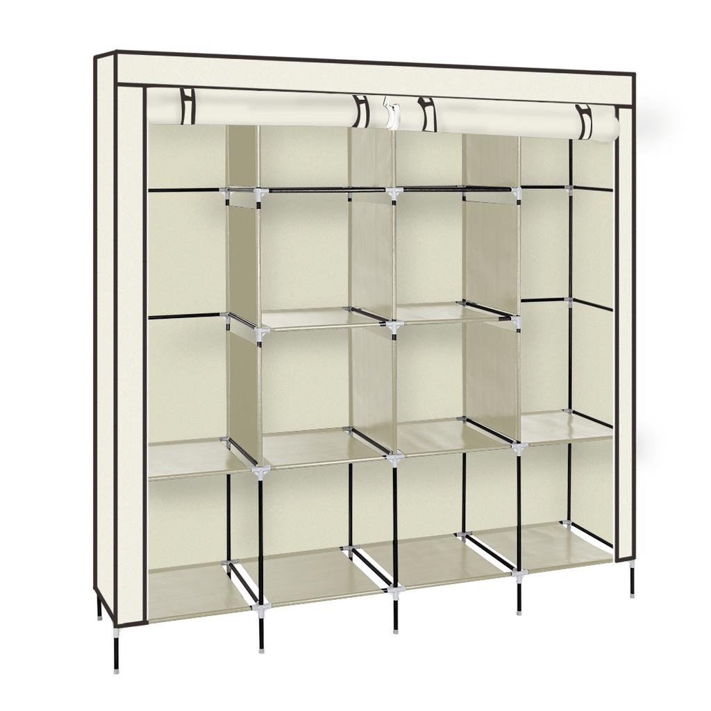 67" Clothes Closet Portable Wardrobe Clothes Storage Rack 12 Shelves 4 Side Pockets Beige - LAWendy