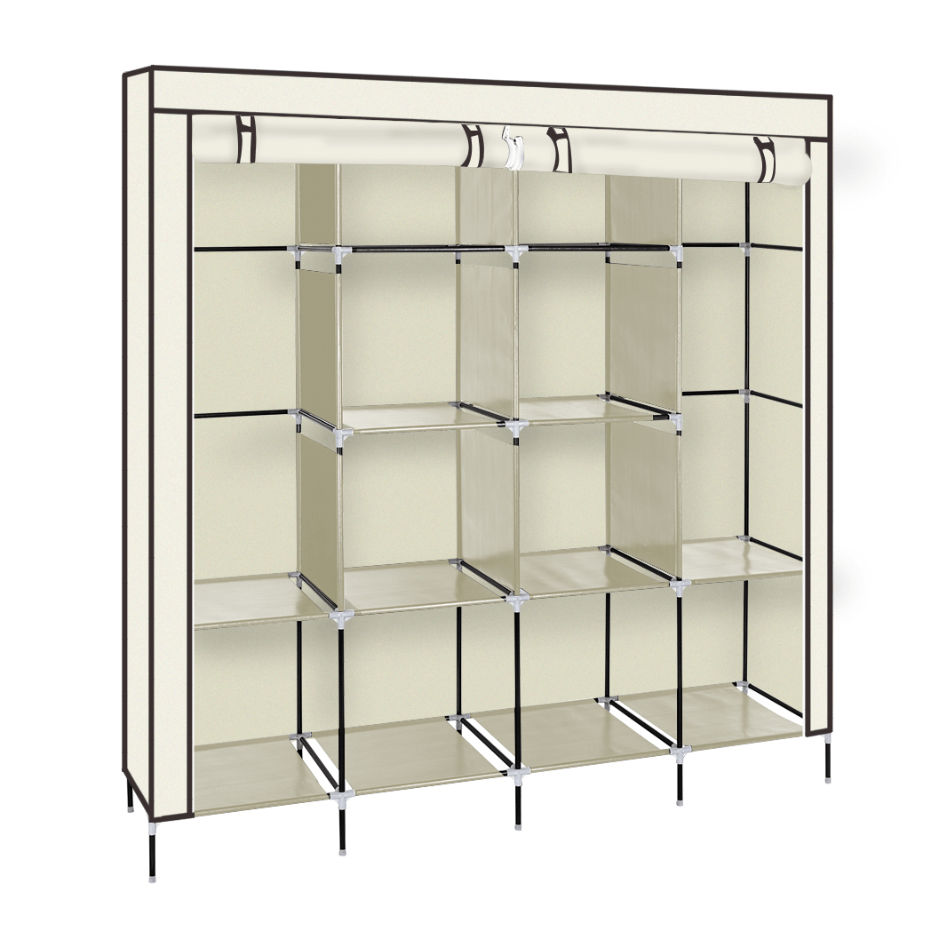 67" Clothes Closet Portable Wardrobe Clothes Storage Rack 12 Shelves 4 Side Pockets Beige - LAWendy