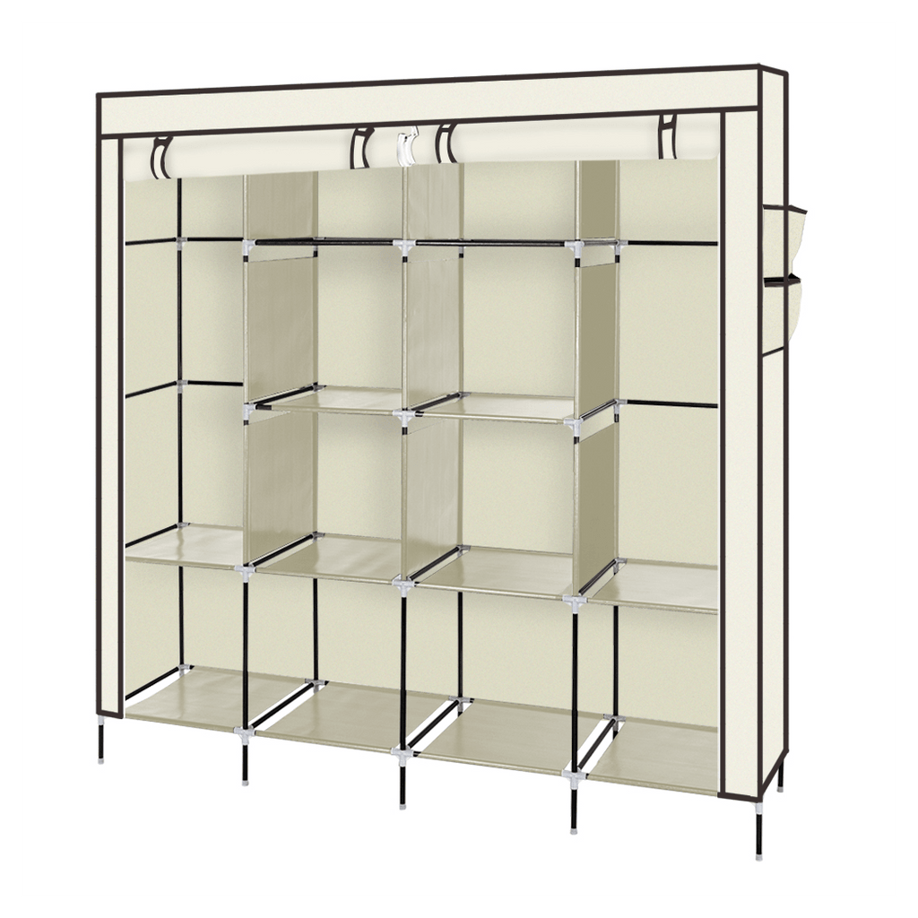 67" Clothes Closet Portable Wardrobe Clothes Storage Rack 12 Shelves 4 Side Pockets Beige - LAWendy