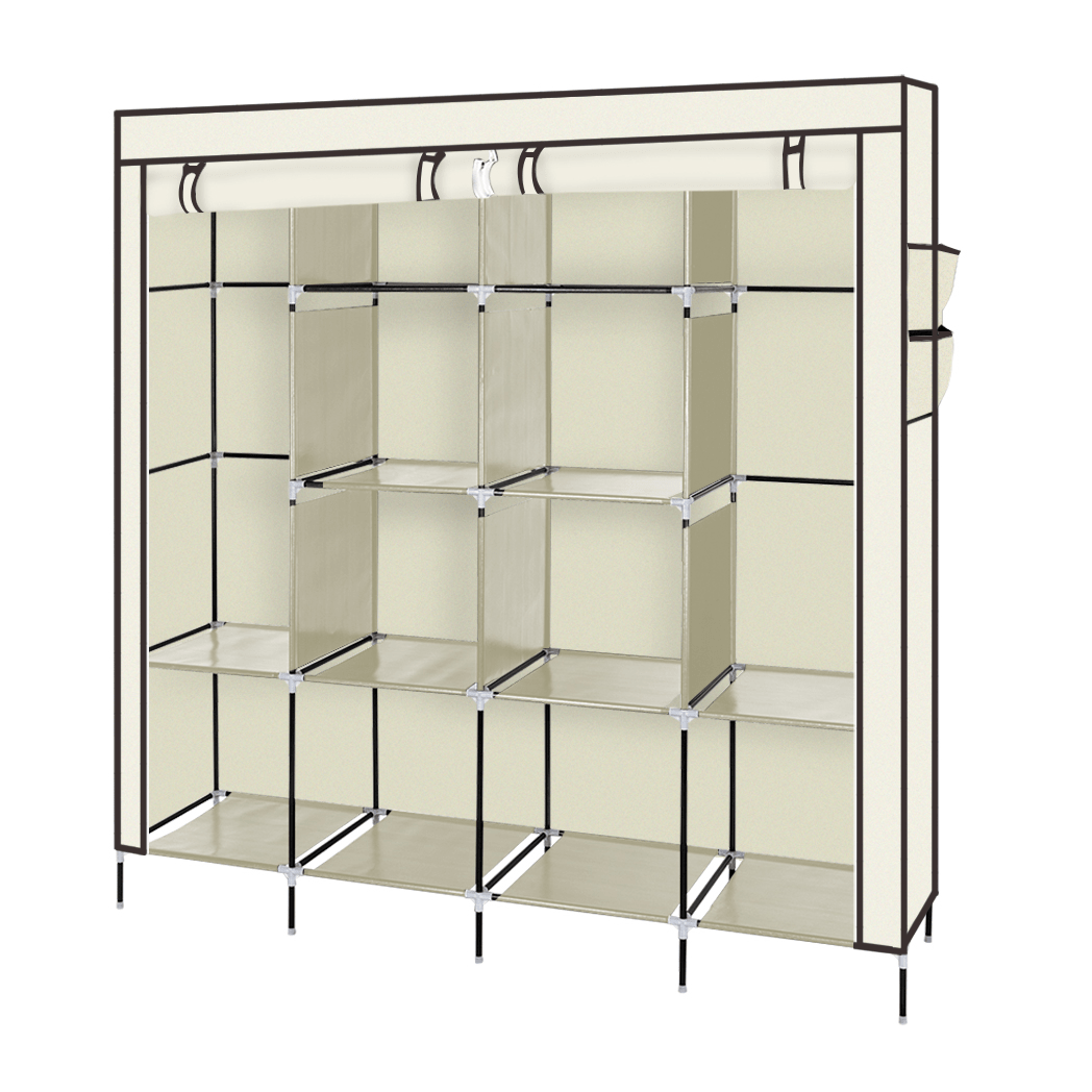 67" Clothes Closet Portable Wardrobe Clothes Storage Rack 12 Shelves 4 Side Pockets Beige - LAWendy