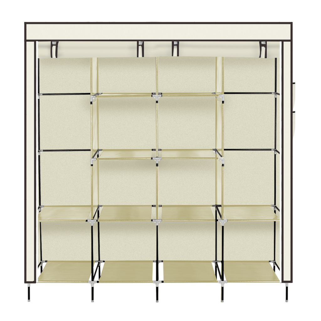 67" Clothes Closet Portable Wardrobe Clothes Storage Rack 12 Shelves 4 Side Pockets Beige - LAWendy