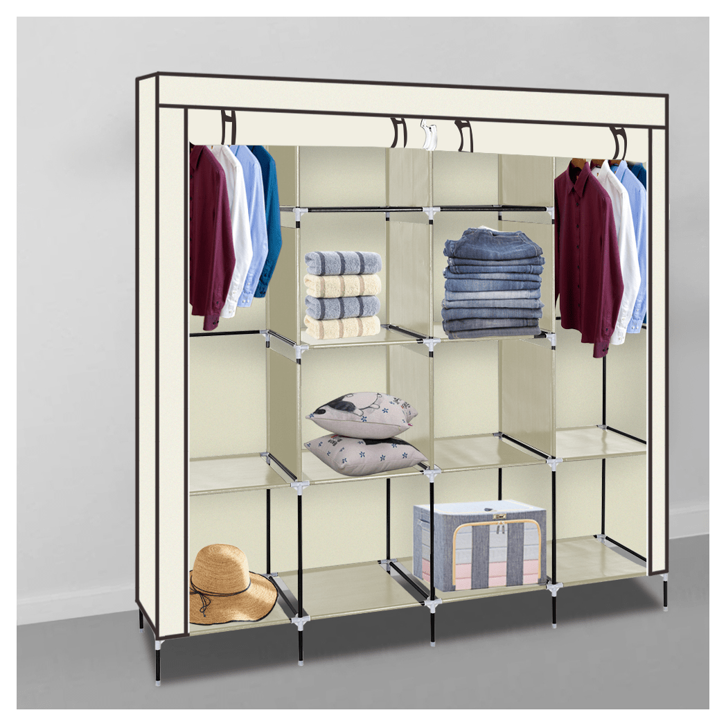 67" Clothes Closet Portable Wardrobe Clothes Storage Rack 12 Shelves 4 Side Pockets Beige - LAWendy