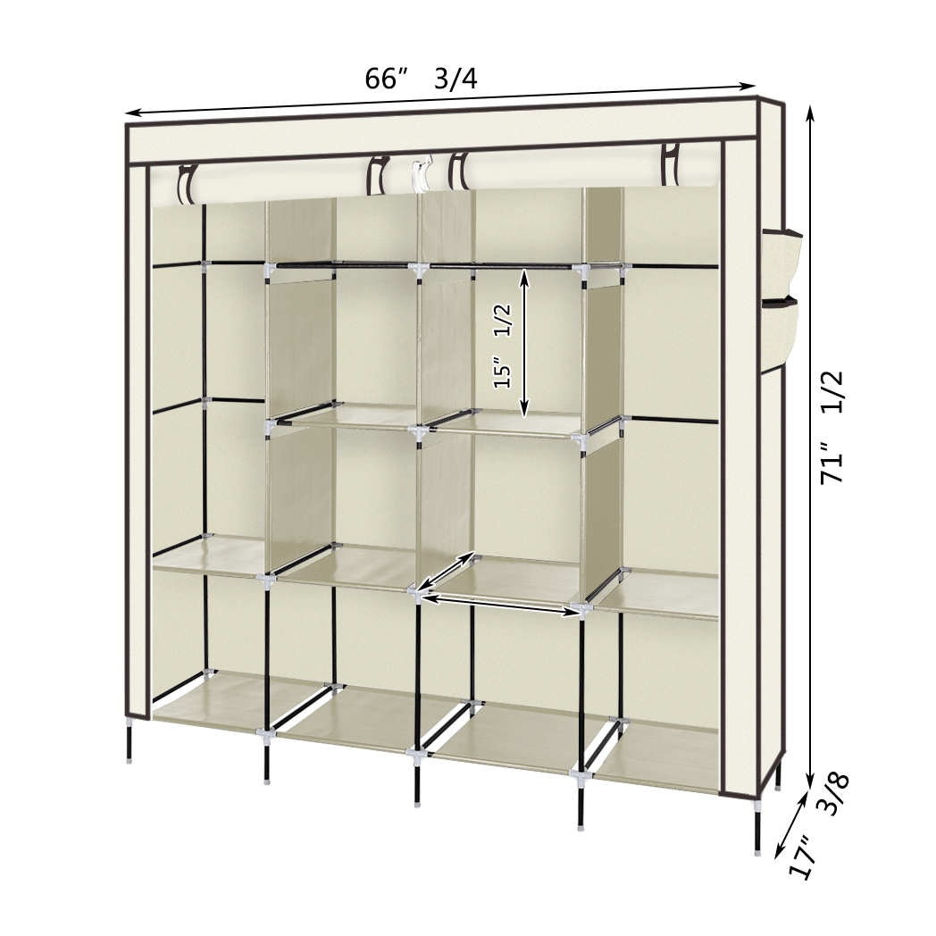 67" Clothes Closet Portable Wardrobe Clothes Storage Rack 12 Shelves 4 Side Pockets Beige - LAWendy