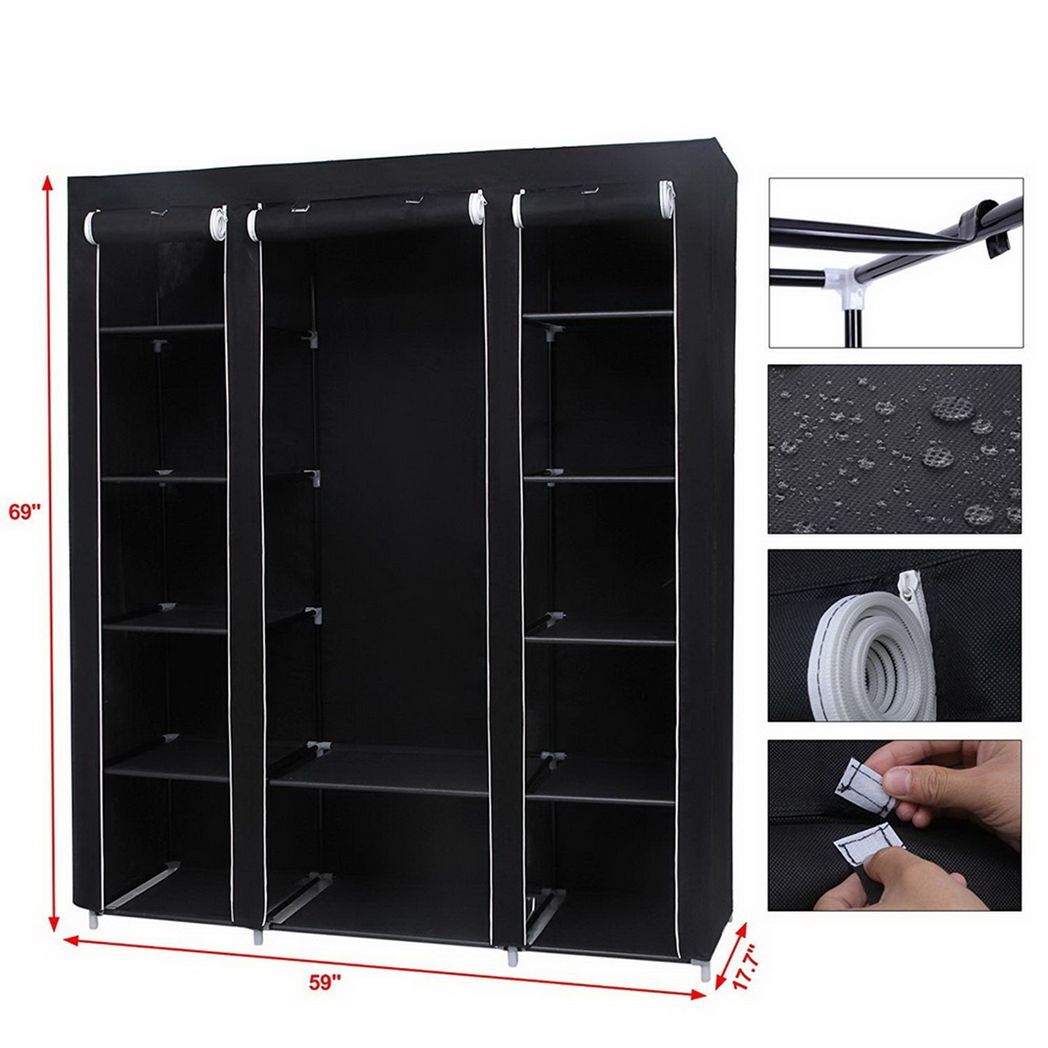 69" Portable Clothes Closet Wardrobe Storage Organizer with Non - Woven Fabric Quick and Easy to Assemble Extra Strong and Durable Black - LAWendy