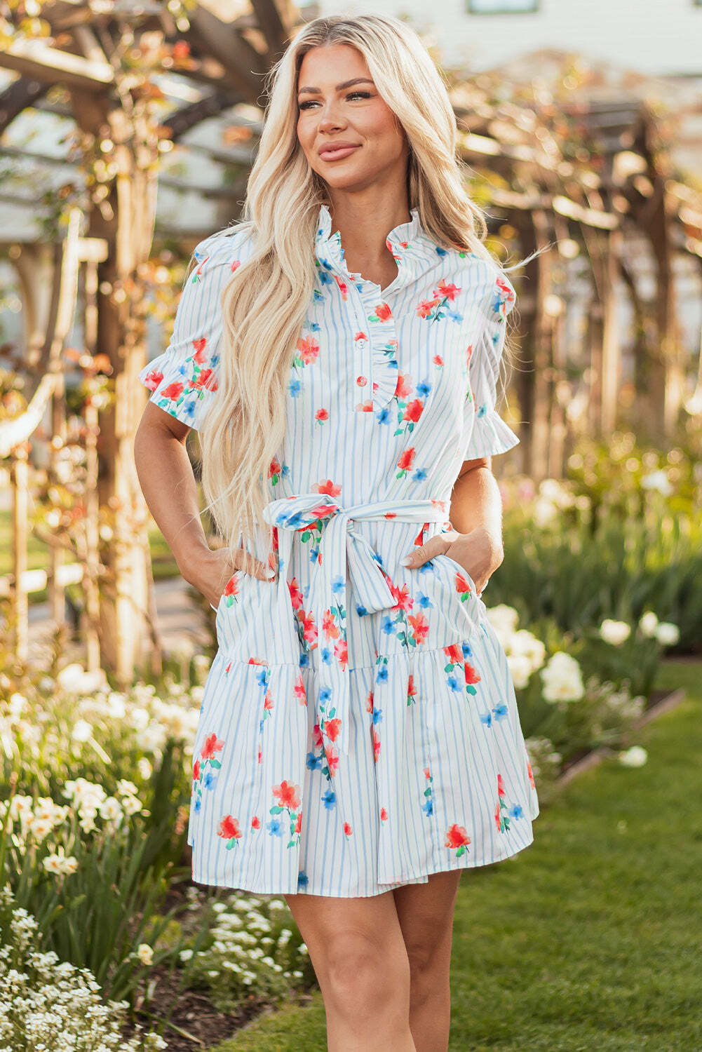 Sky Blue Stripe Floral Pattern Ruffle Short Sleeve Belted Mini Dress