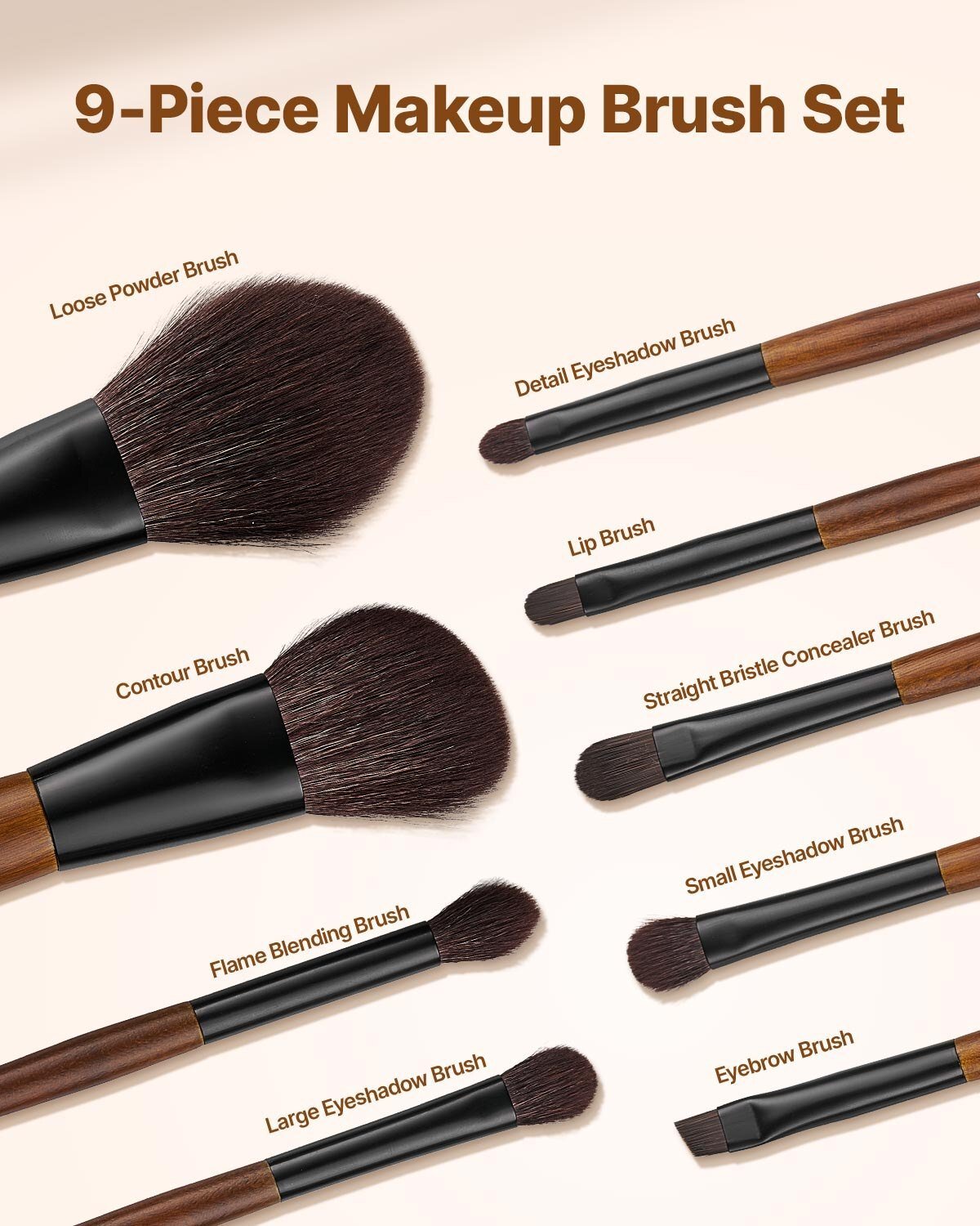 9 - Piece Makeup Brush Set for Foundation Blending Eyeshadow, Professional Makeup Brush Kit with Soft Natural Wool & Vegan Synthetic Bristles, Ergonomic Wood Handle, Travel - Friendly Storage Bag - LAWendy