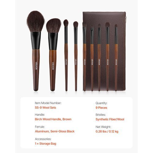 9 - Piece Makeup Brush Set for Foundation Blending Eyeshadow, Professional Makeup Brush Kit with Soft Natural Wool & Vegan Synthetic Bristles, Ergonomic Wood Handle, Travel - Friendly Storage Bag - LAWendy