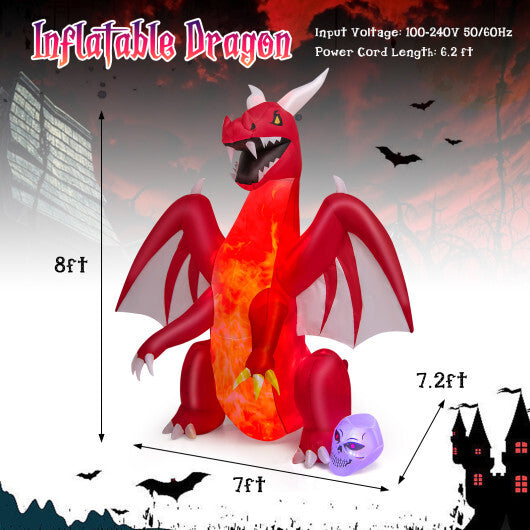8 Feet Halloween Inflatables Blow-up Red Dragon with Wings Skull - Color: Red