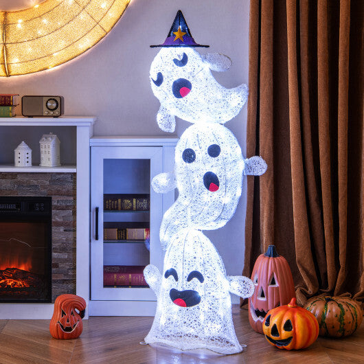 4 FT Lighted Standing Halloween Decoration Stacked Ghosts with 120 LED Lights - Color: White