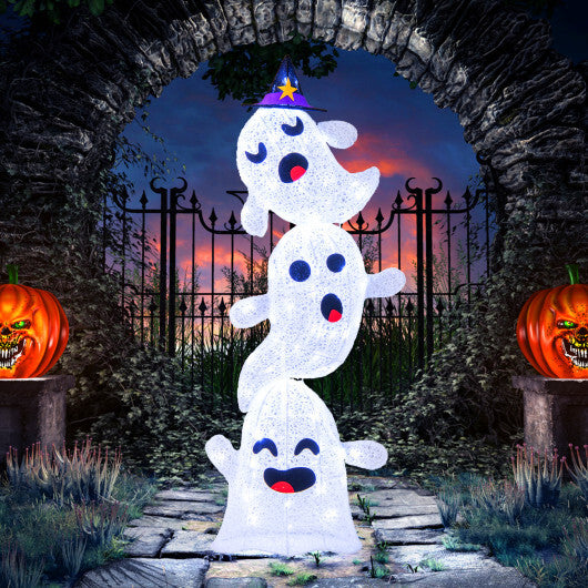4 FT Lighted Standing Halloween Decoration Stacked Ghosts with 120 LED Lights - Color: White