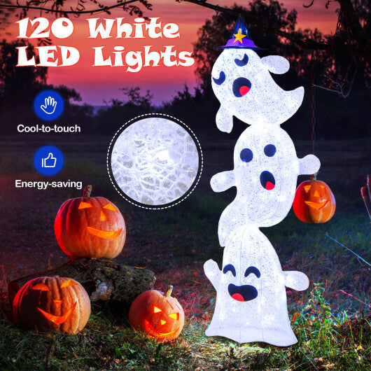 4 FT Lighted Standing Halloween Decoration Stacked Ghosts with 120 LED Lights - Color: White