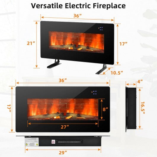 36 Inch Electric Wall Mounted Freestanding Fireplace with Remote Control-Black