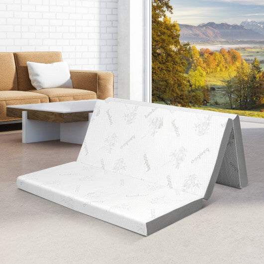 4 Inch Tri-fold Cool Gel Memory Foam Mattress-Queen Size - Color: White - Size: Queen Size