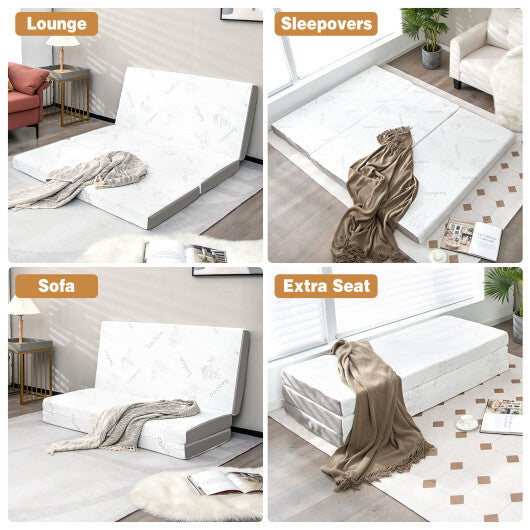 4 Inch Tri-fold Cool Gel Memory Foam Mattress-Queen Size - Color: White - Size: Queen Size