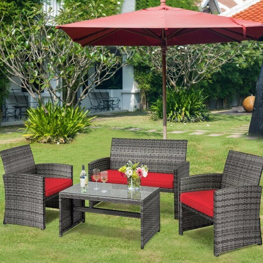 4 Pieces Patio Rattan Furniture Set with Cushions-Red - Color: Red