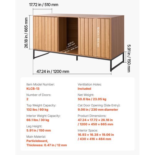 Cat Litter Box Enclosure Furniture, 47.2 in Hidden Litter Box Cabinet