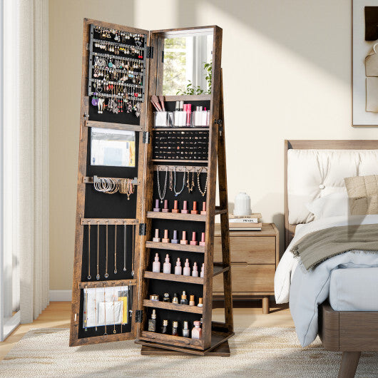 360? Swivel Jewelry Armoire Standing Jewelry Organizer with Full Length Mirror and Back Shelves-Rustic Brown - Color: Rustic Brown