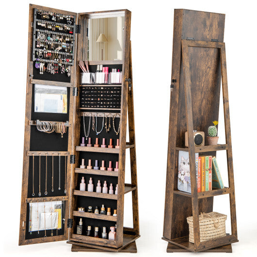 360? Swivel Jewelry Armoire Standing Jewelry Organizer with Full Length Mirror and Back Shelves-Rustic Brown - Color: Rustic Brown