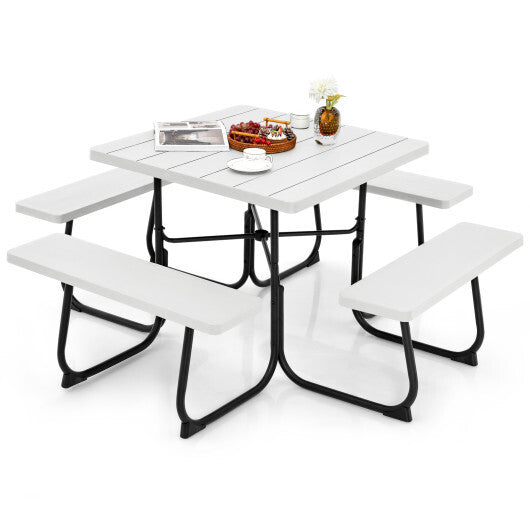Outdoor Picnic Table with 4 Benches and Umbrella Hole-White - Color: White
