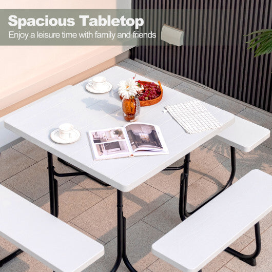 Outdoor Picnic Table with 4 Benches and Umbrella Hole-White - Color: White