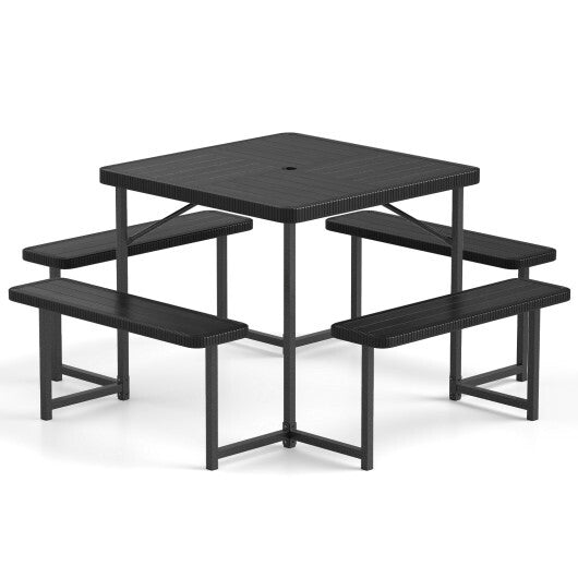 Outdoor Square Picnic Table Bench Set for 4-8 People with Umbrella Hole-Black - Color: Black