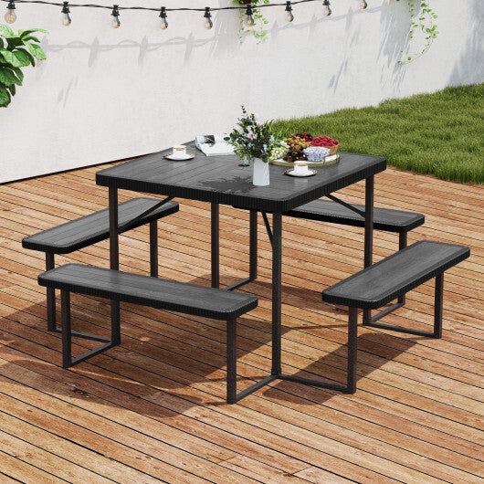 Outdoor Square Picnic Table Bench Set for 4-8 People with Umbrella Hole-Black - Color: Black