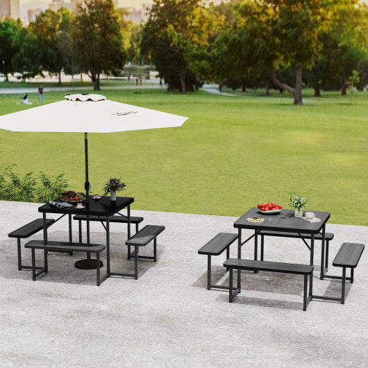 Outdoor Square Picnic Table Bench Set for 4-8 People with Umbrella Hole-Black - Color: Black