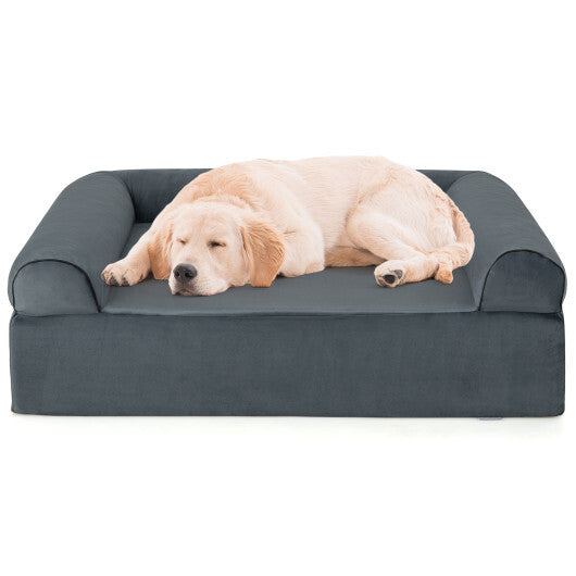 Orthopedic Dog Bed Memory Foam Pet Bed with Headrest for Large Dogs-Grey - Color: Gray