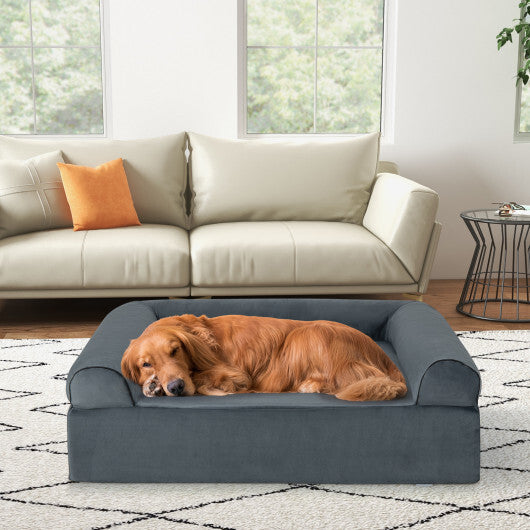 Orthopedic Dog Bed Memory Foam Pet Bed with Headrest for Large Dogs-Grey - Color: Gray