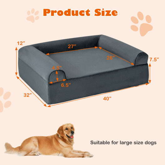 Orthopedic Dog Bed Memory Foam Pet Bed with Headrest for Large Dogs-Grey - Color: Gray