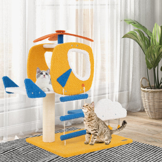 Indoor Small Aviation-themed Cat Tree Cat Tower with Helicopter Top Perch-Yellow