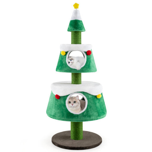 Christmas Cat Tree for Indoor Cats Cute Holiday Cat Tower with 2 Condos-Green
