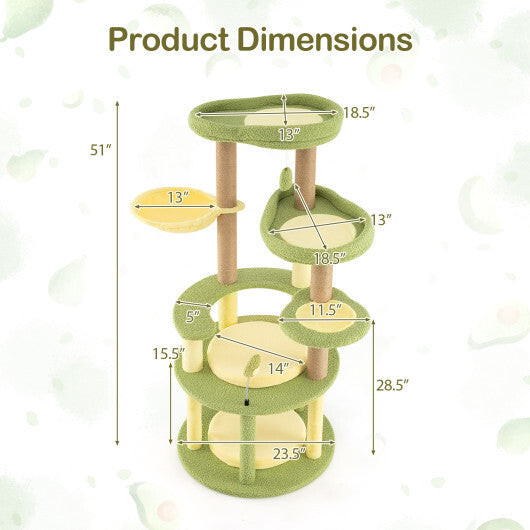 Multi-level Cat Tree Avocado Theme Cat Tower with Wide Perch Rotatable Basket-Green