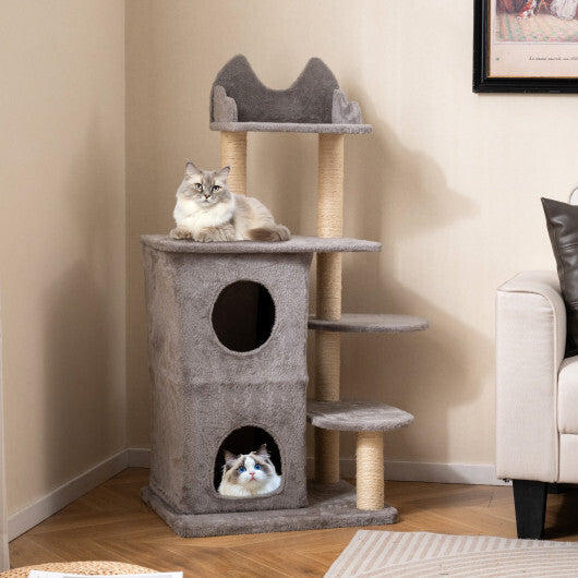 48.5 inch Cat Tree with 2-story Condo and 3 Hideaway Caves for Large Cats-Gray