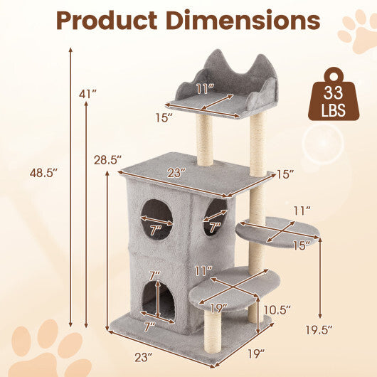 48.5 inch Cat Tree with 2-story Condo and 3 Hideaway Caves for Large Cats-Gray