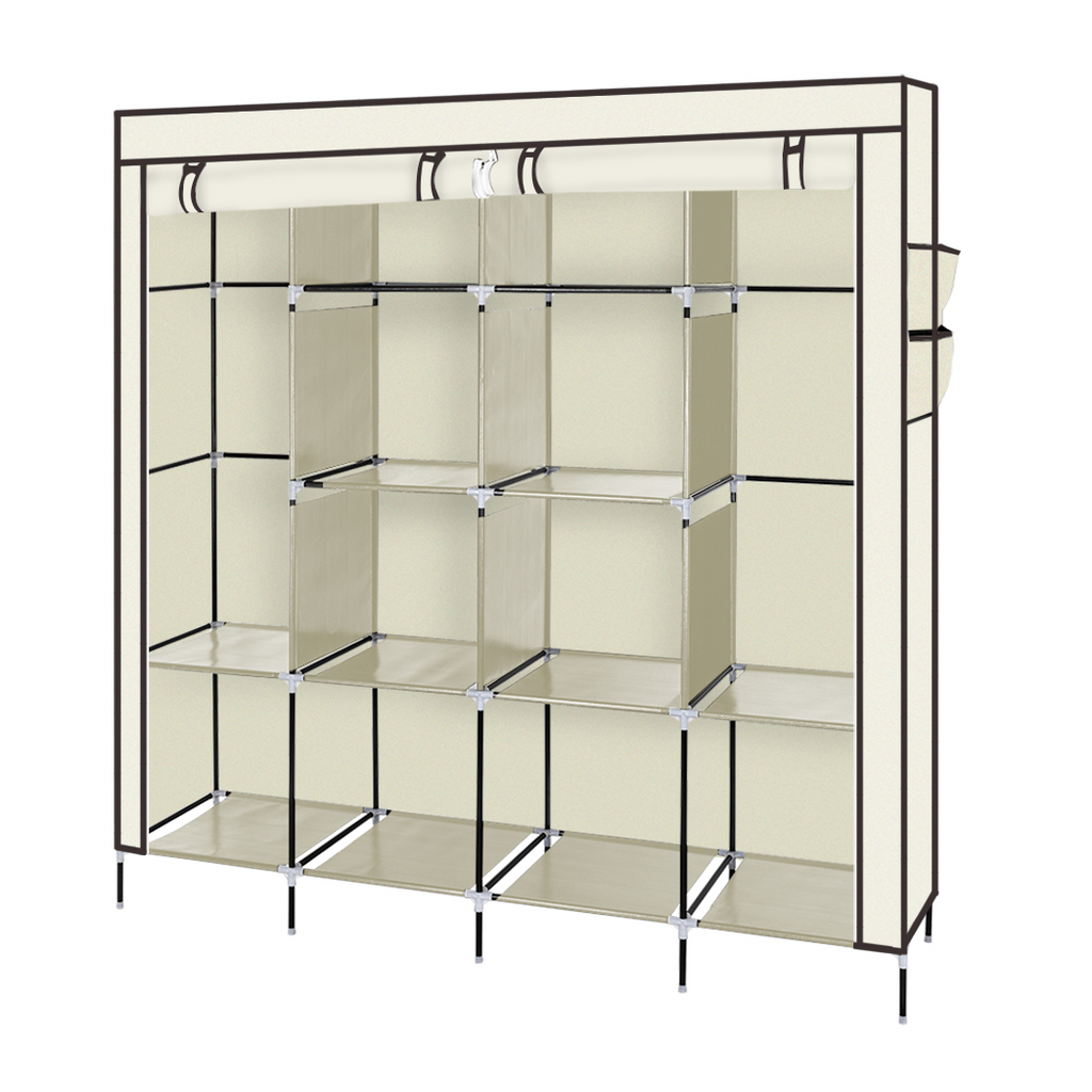 67" Clothes Closet Portable Wardrobe Clothes Storage Rack 12 Shelves 4 Side Pockets Beige