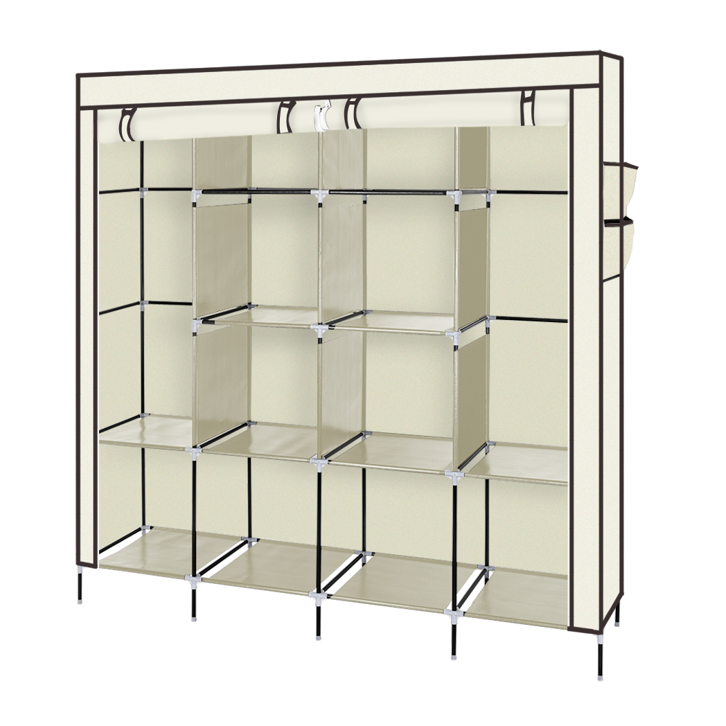 67" Clothes Closet Portable Wardrobe Clothes Storage Rack 12 Shelves 4 Side Pockets Beige