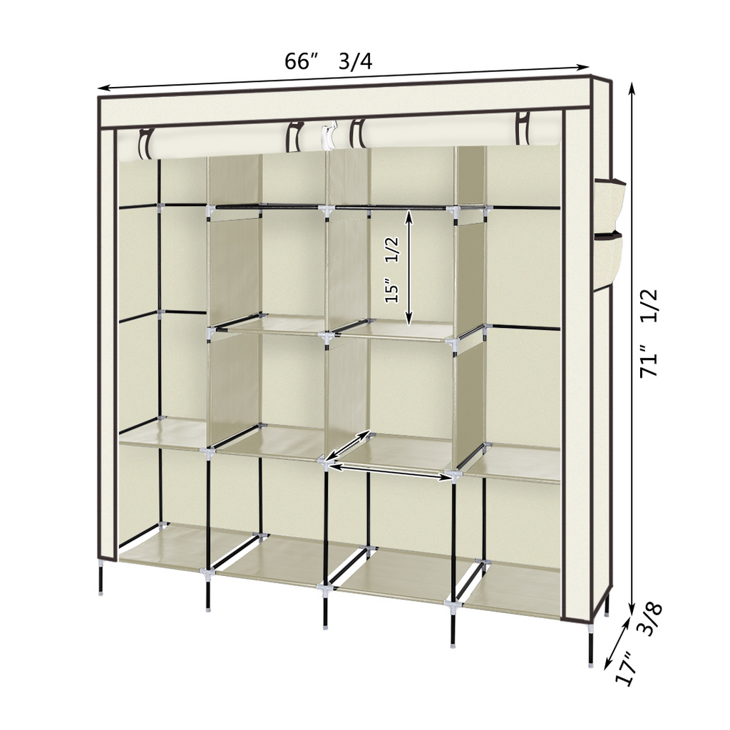 67" Clothes Closet Portable Wardrobe Clothes Storage Rack 12 Shelves 4 Side Pockets Beige