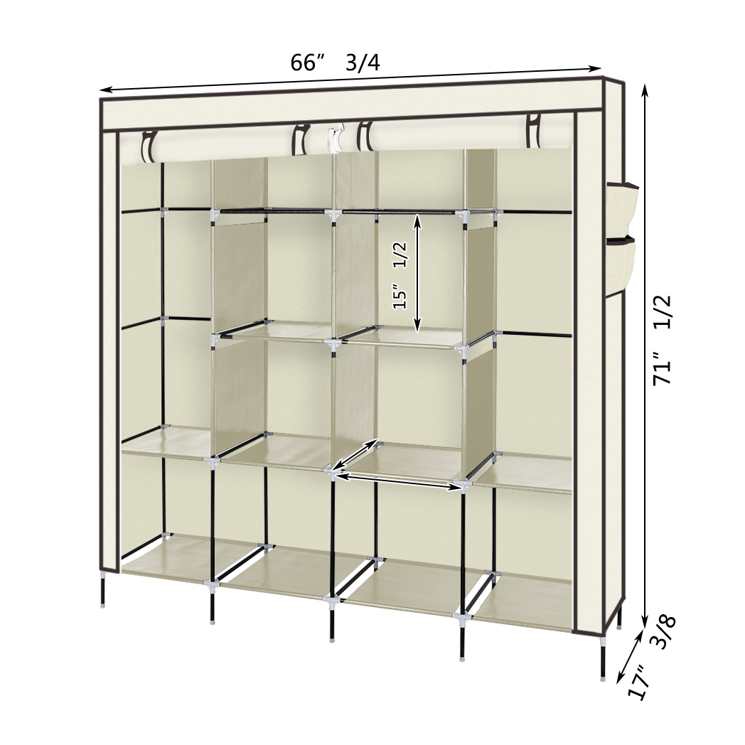67" Clothes Closet Portable Wardrobe Clothes Storage Rack 12 Shelves 4 Side Pockets Beige