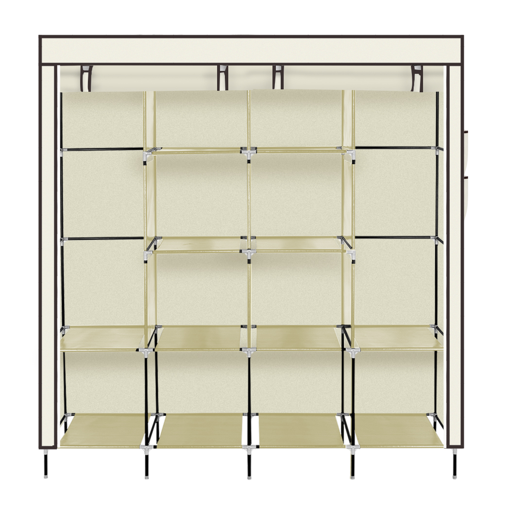 67" Clothes Closet Portable Wardrobe Clothes Storage Rack 12 Shelves 4 Side Pockets Beige