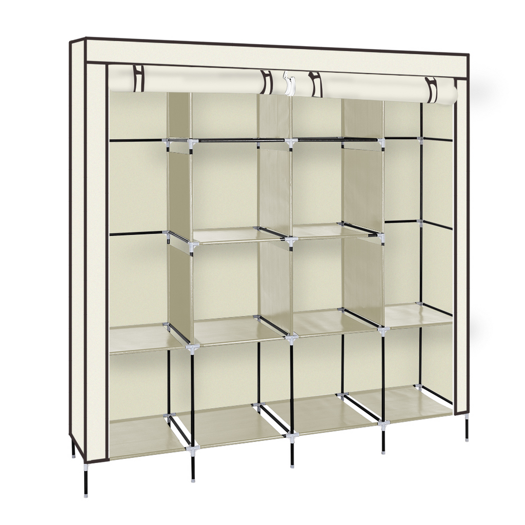 67" Clothes Closet Portable Wardrobe Clothes Storage Rack 12 Shelves 4 Side Pockets Beige
