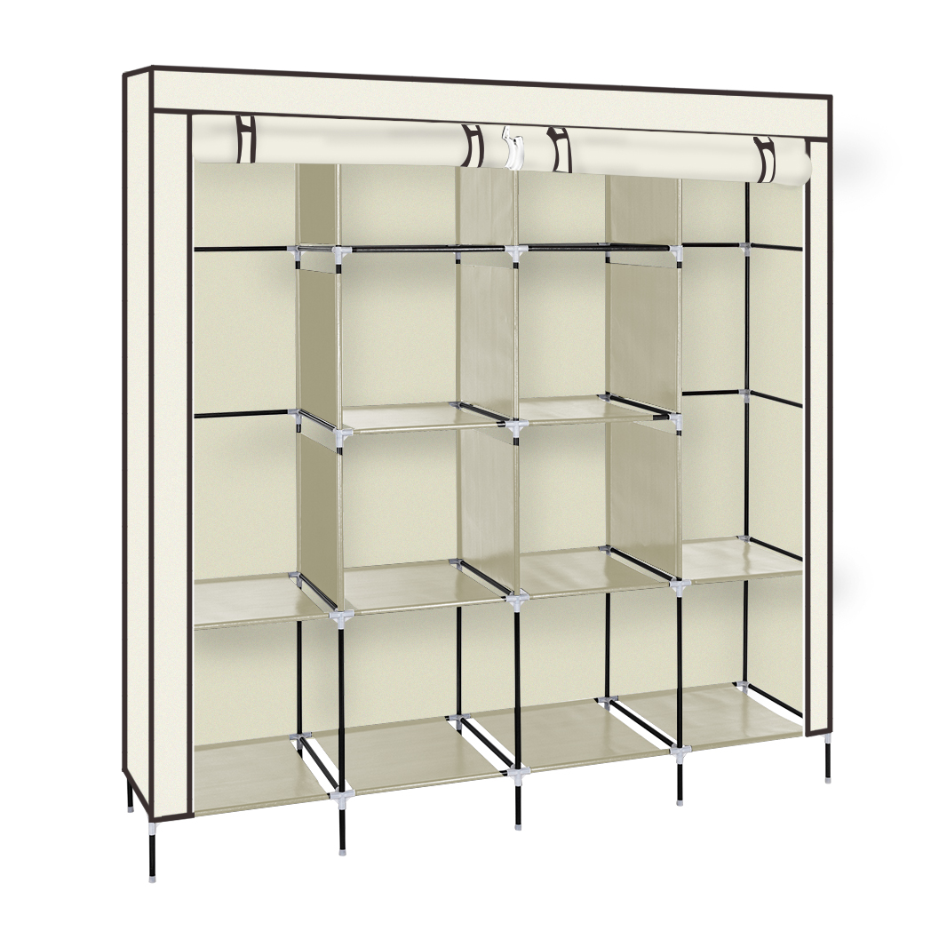 67" Clothes Closet Portable Wardrobe Clothes Storage Rack 12 Shelves 4 Side Pockets Beige