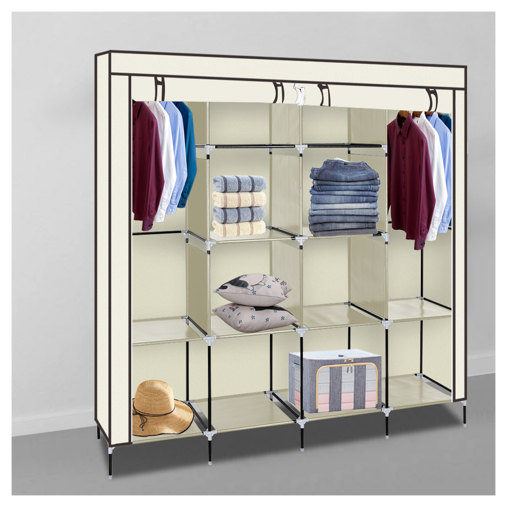 67" Clothes Closet Portable Wardrobe Clothes Storage Rack 12 Shelves 4 Side Pockets Beige